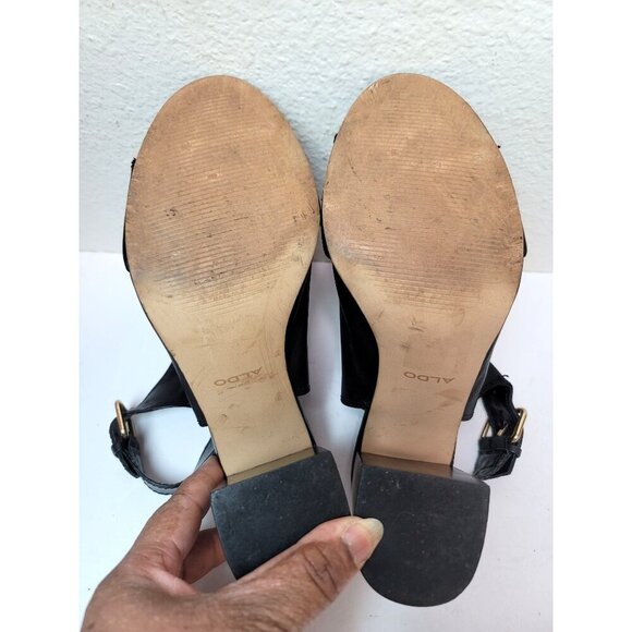 Aldo Women's Black Leather Open-Toe Block Heeled Sandals With Ankle Strap Size 1 - Picture 8 of 10